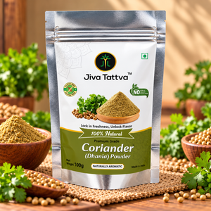 Jiva Tattva Coriander Powder 100g (Dhaniya Powder) front pouch packaging made from selected coriander seeds for everyday Indian cooking