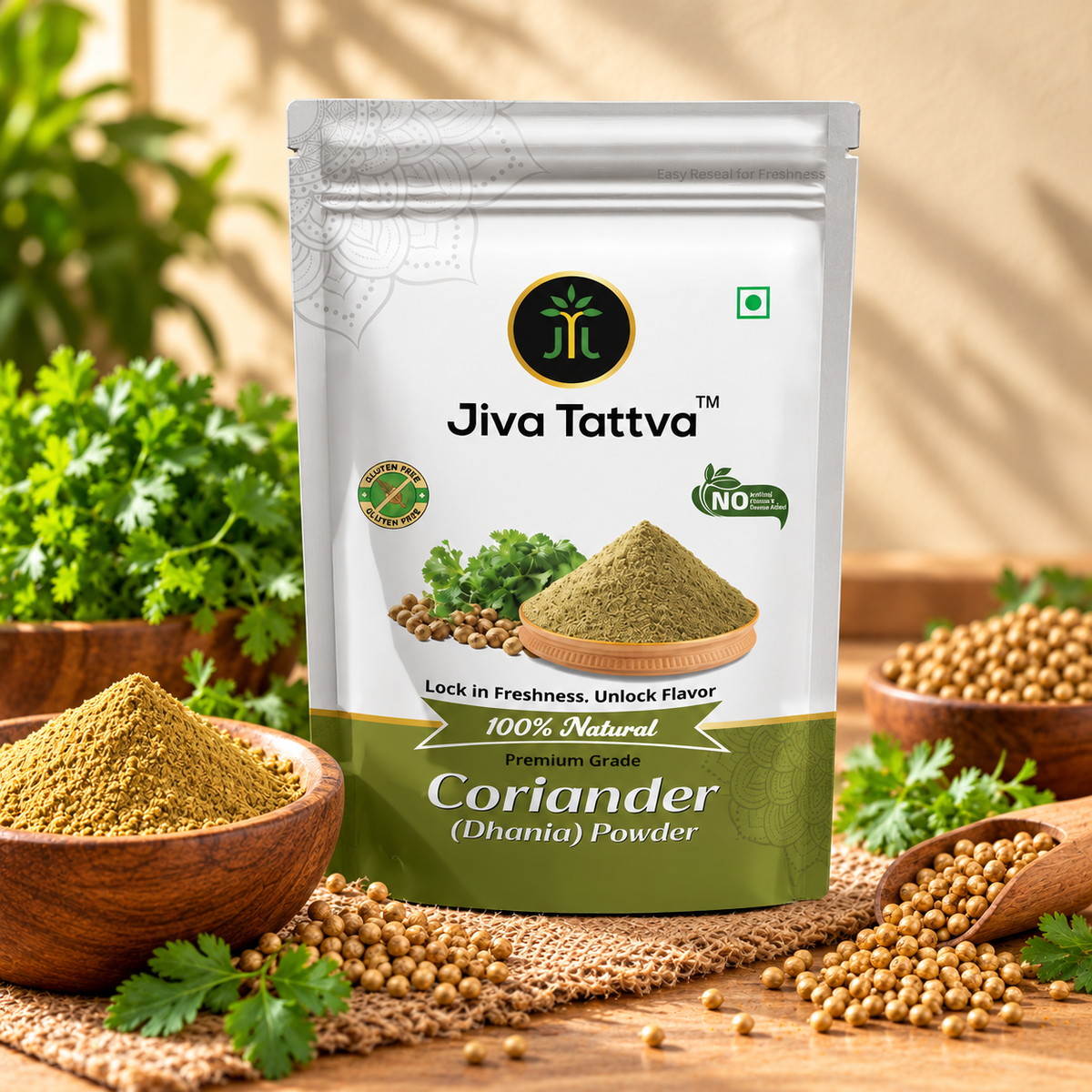 Jiva Tattva Coriander Powder 200g (Dhaniya Powder) front pouch packaging
