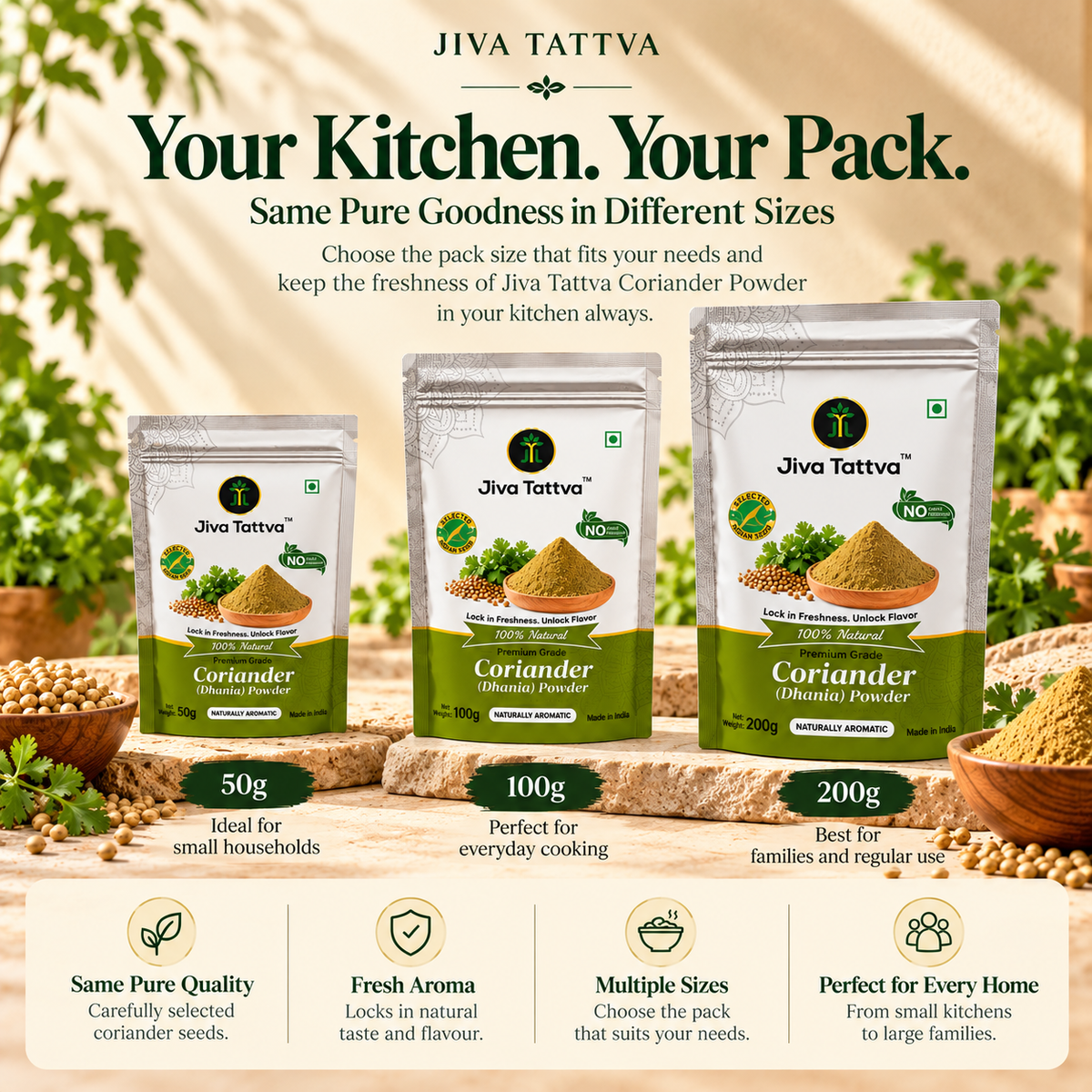 Jiva Tattva Coriander Powder (Dhaniya Powder) available in 50g, 100g and 200g packs for everyday Indian cooking