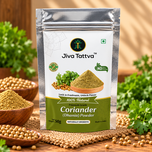 Jiva Tattva Coriander Powder 50g (Dhaniya Powder) front pouch packaging made from selected coriander seeds for everyday Indian cooking