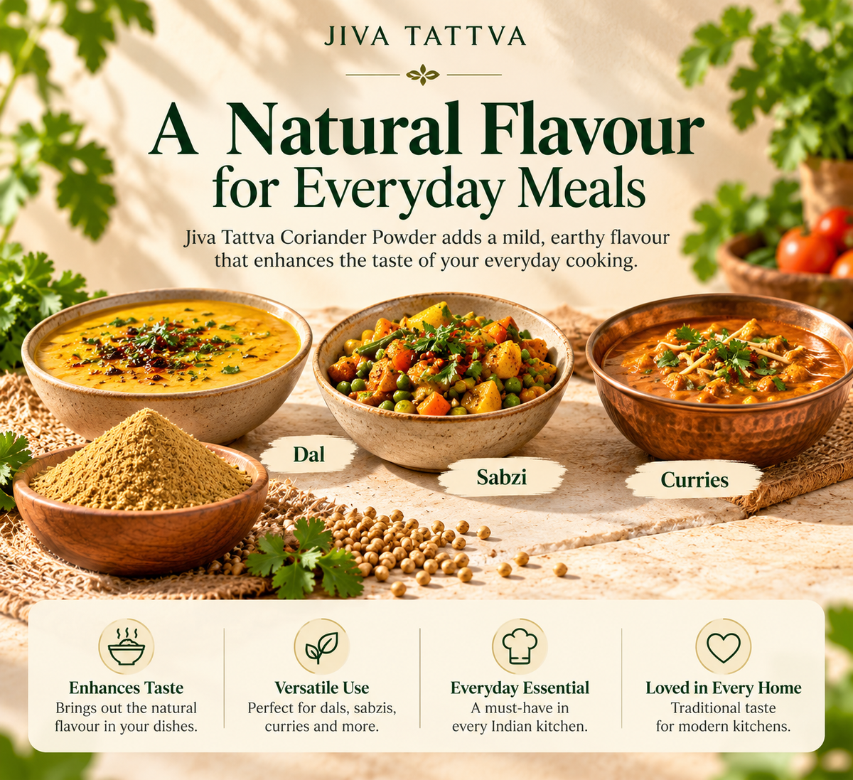Jiva Tattva Coriander Powder (Dhaniya) for everyday Indian cooking with dal, sabzi and curries, featuring coriander seeds and ground spice