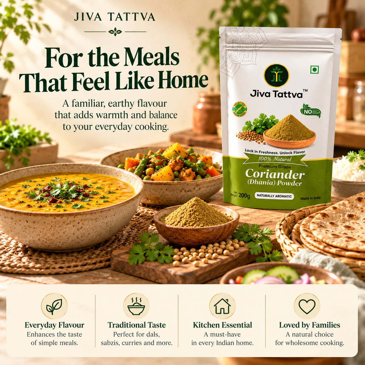 Jiva Tattva Coriander Powder with traditional Indian home-cooked meals including dal, sabzi, roti and rice.