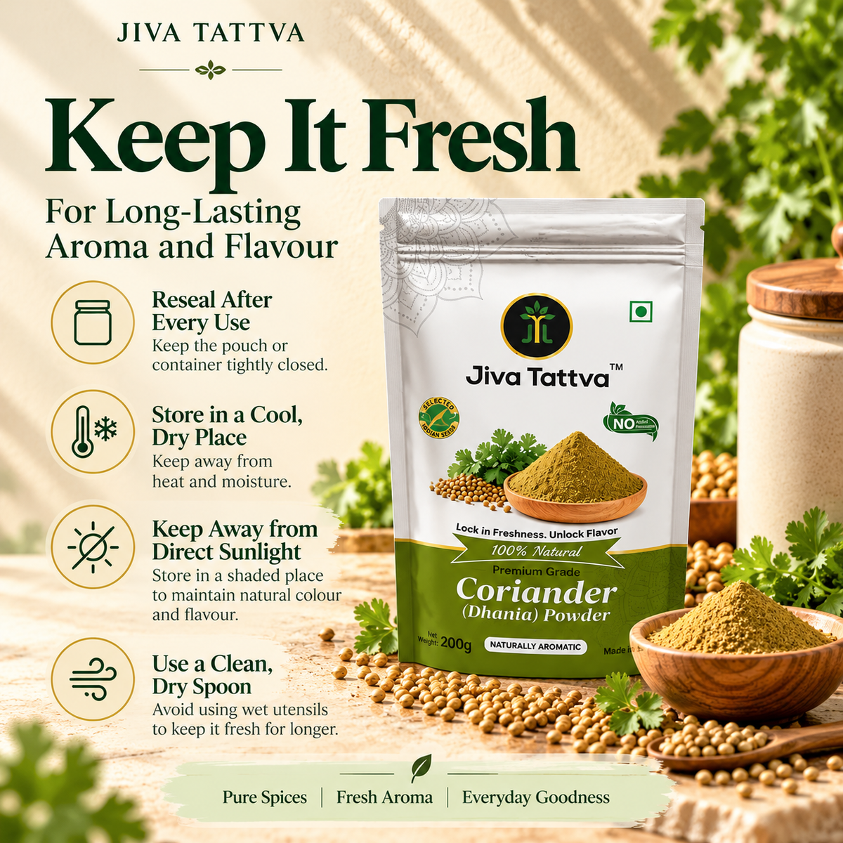 Jiva Tattva Coriander Powder storage tips showing how to keep dhaniya powder fresh by resealing the pouch and storing in a cool, dry place.