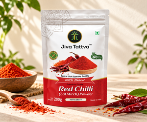 Jiva Tattva Red Chilli Powder 200g pouch with a bowl of red chilli powder and dried red chillies on a warm kitchen background