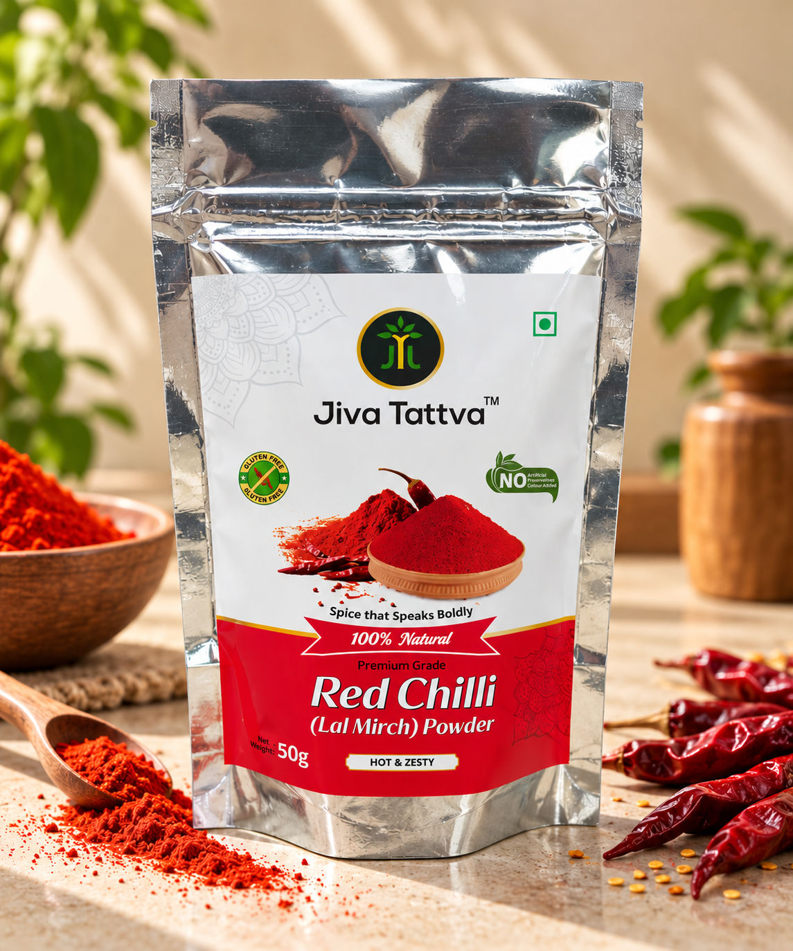 Jiva Tattva Red Chilli Powder 50g silver resealable pouch with red chilli powder, dried red chillies and a warm kitchen background