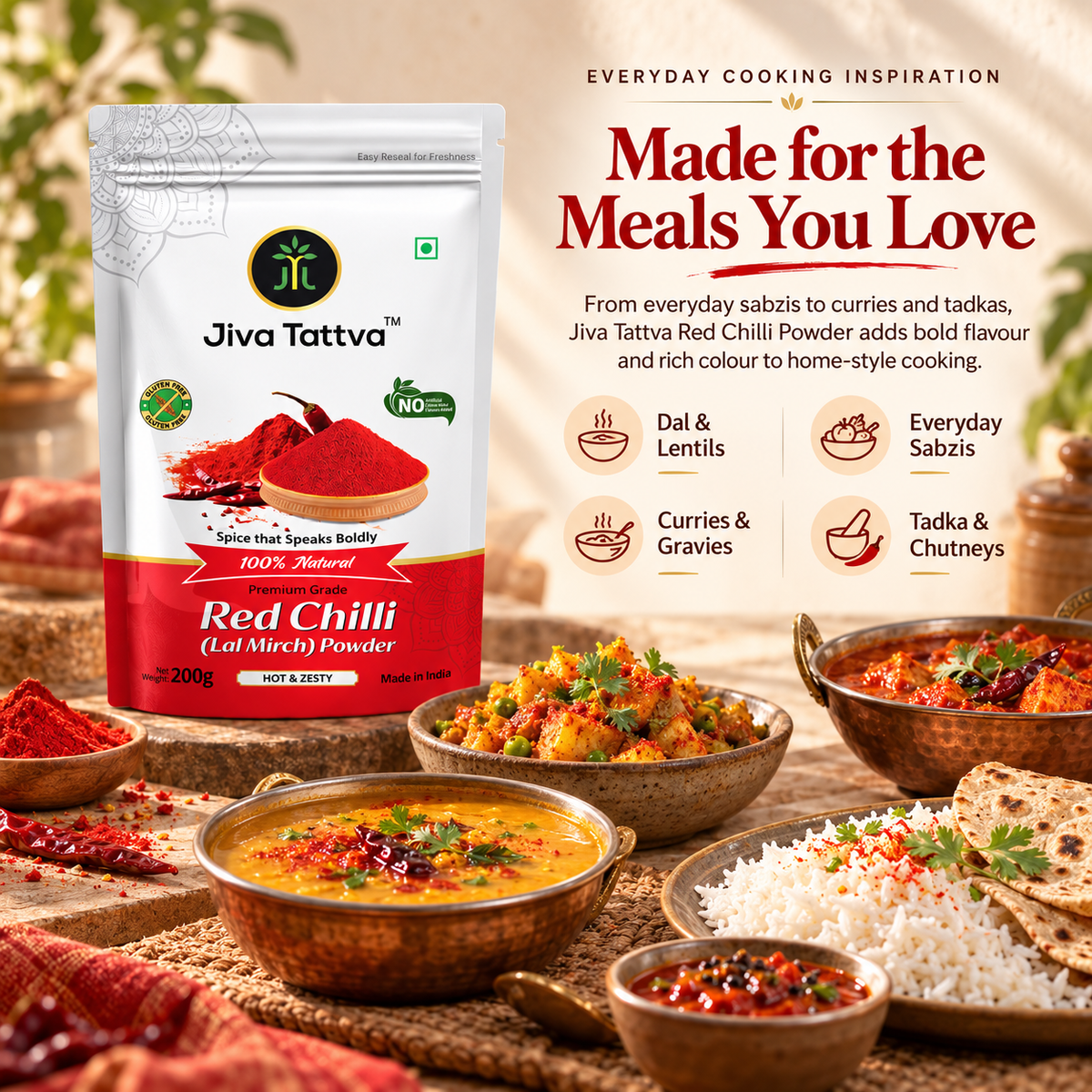 Jiva Tattva Red Chilli Powder usage image for dal, sabzis, curries, gravies, tadkas and chutneys.