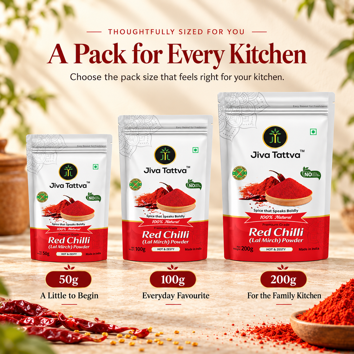 Jiva Tattva Red Chilli Powder available in 50g, 100g and 200g pack sizes.