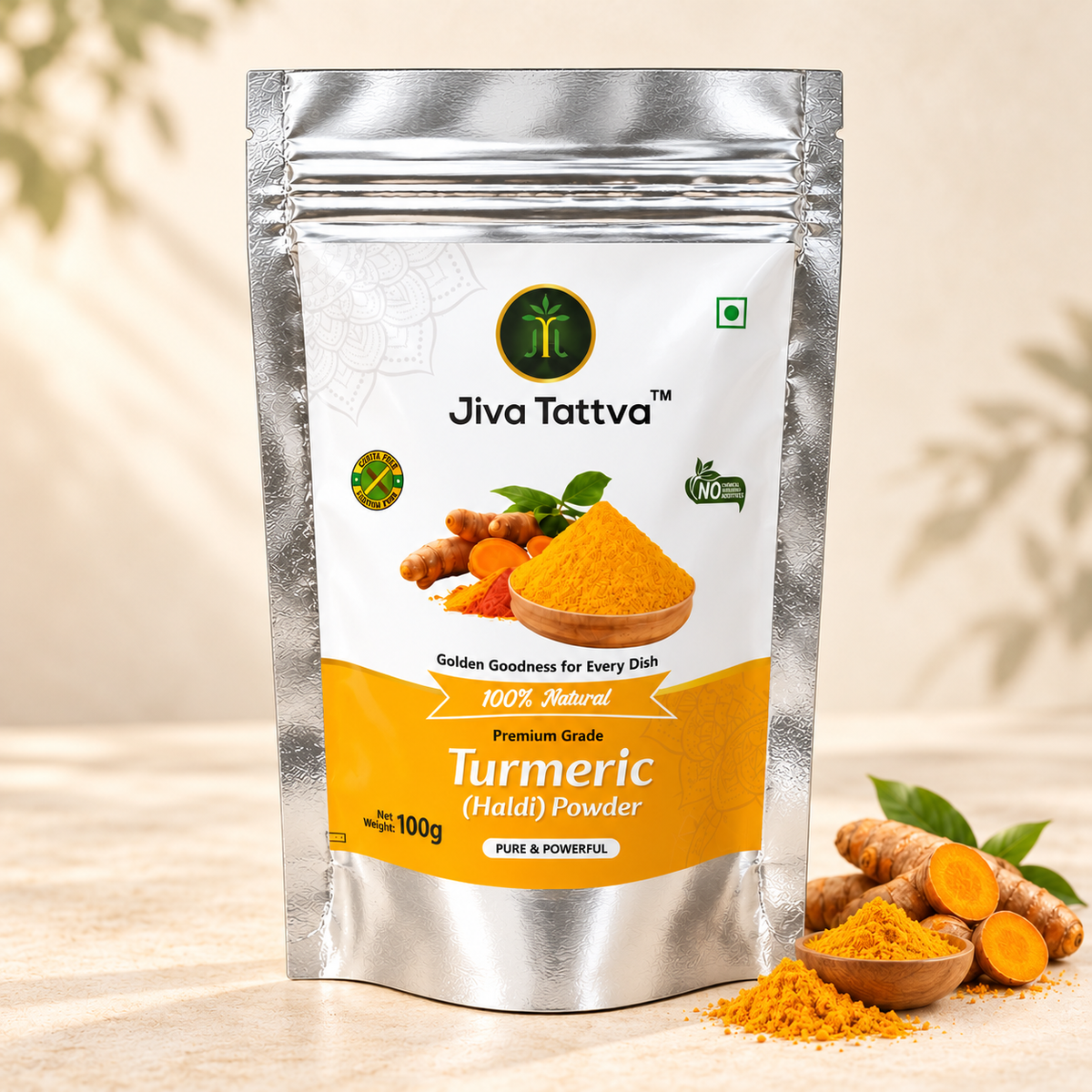 Jiva Tattva Turmeric (Haldi) Powder 100g silver pouch, front view