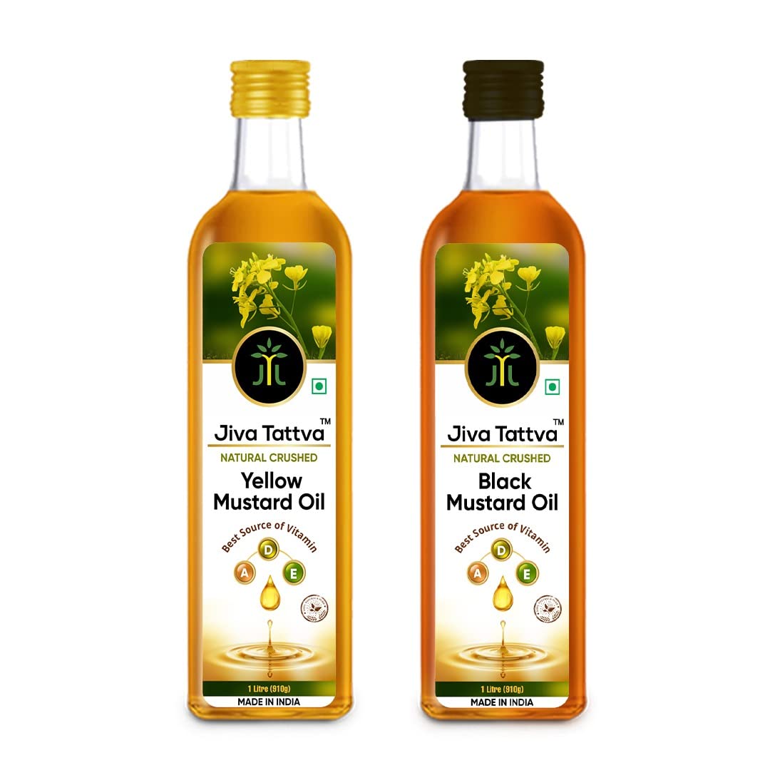 Jiva Tattva mustard oil combo with one Black and one Yellow Mustard Oil 1L bottle