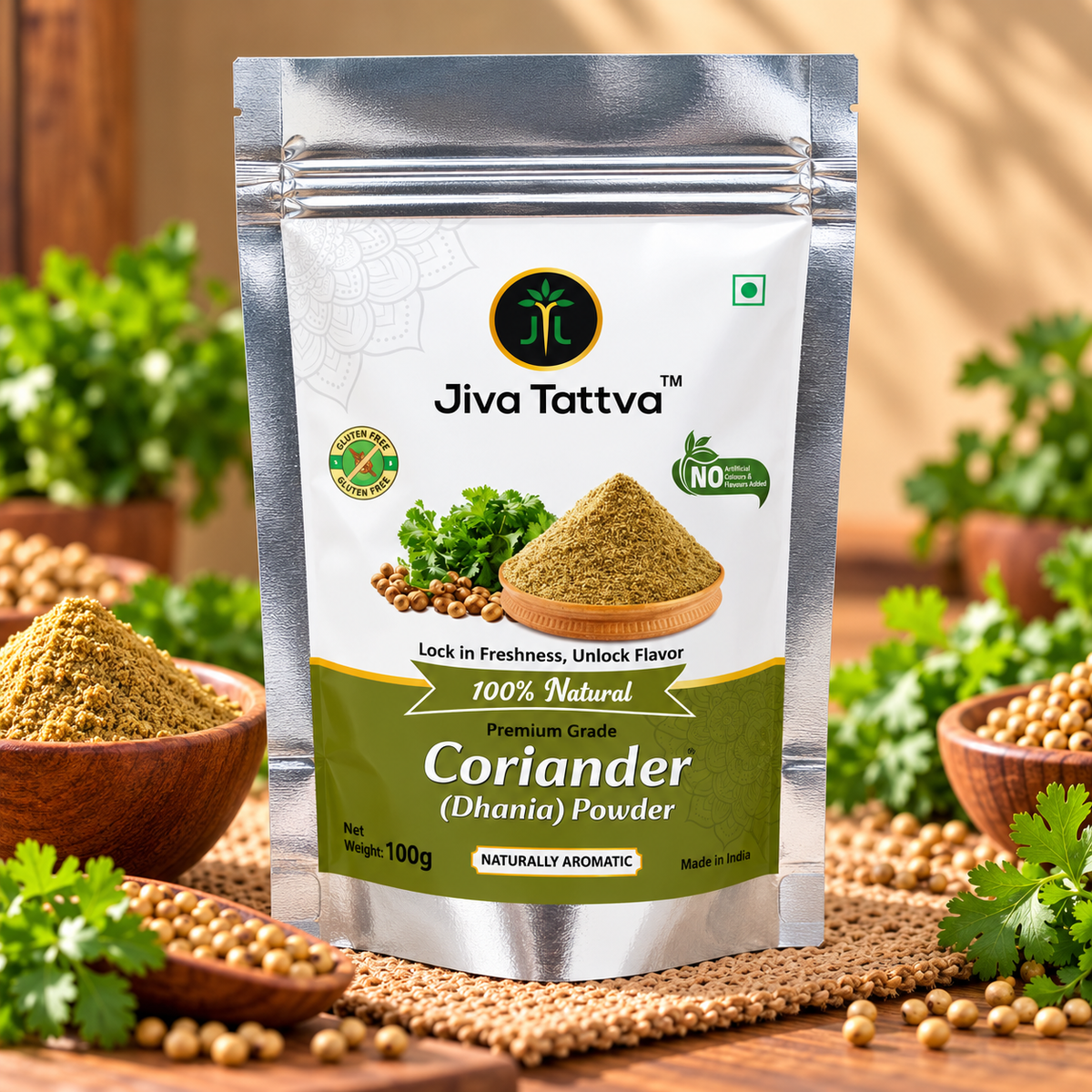 Jiva Tattva Coriander Powder 100g (Dhaniya Powder) front pouch packaging made from selected coriander seeds for everyday Indian cooking