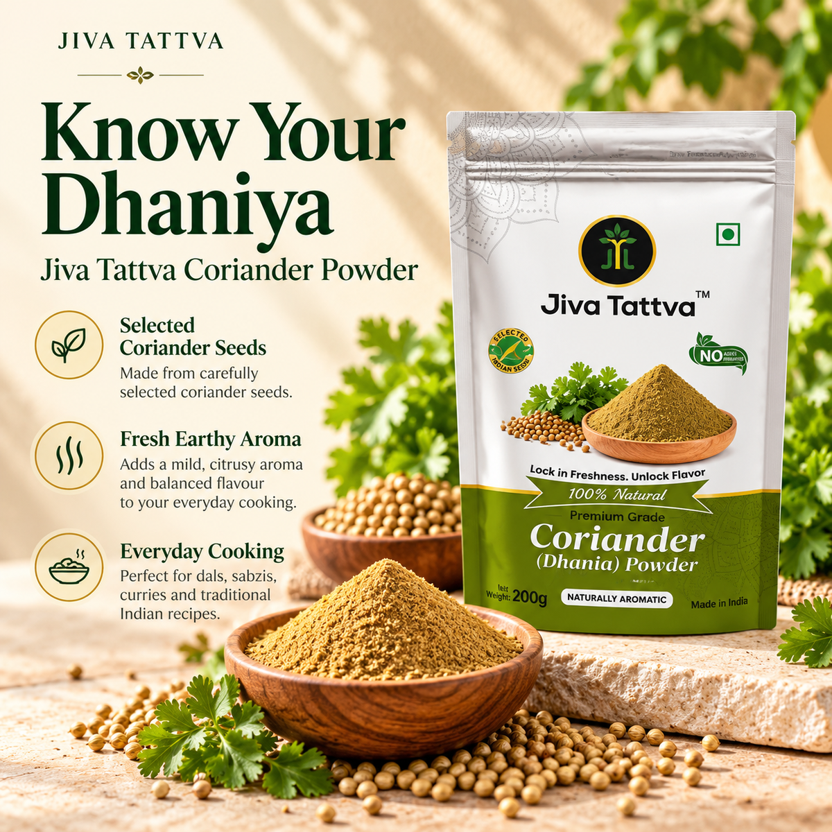 Jiva Tattva Coriander Powder 200g – Know Your Dhaniya, made from selected coriander seeds with fresh earthy aroma for everyday Indian cooking.
