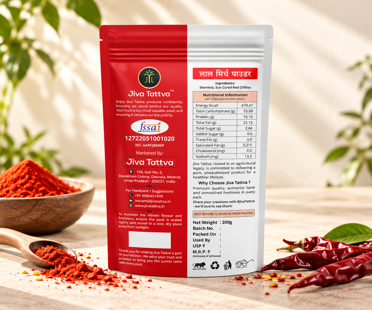 Back view of Jiva Tattva Red Chilli Powder 200g pouch showing ingredients, nutritional information, storage instructions and packaging details
