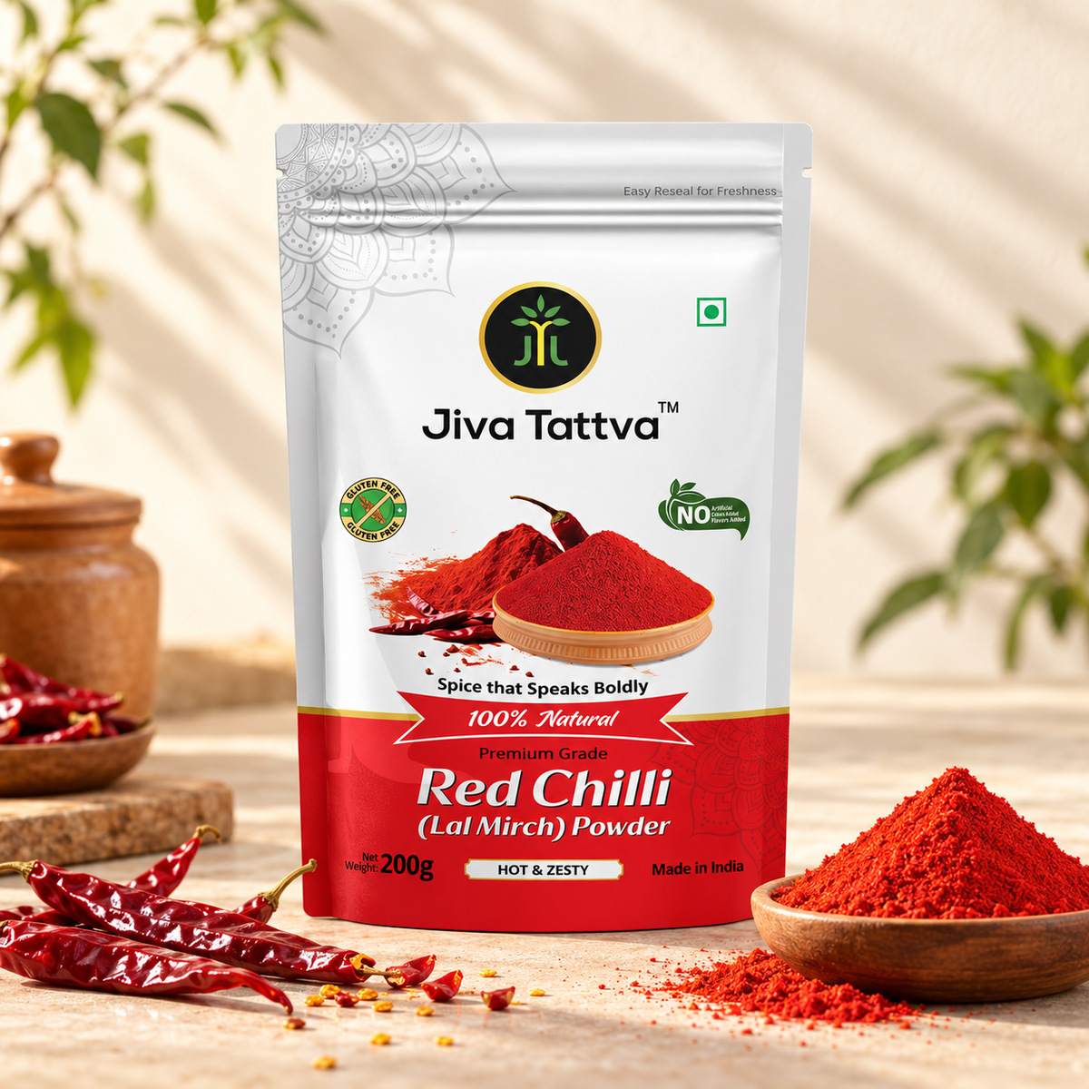 Jiva Tattva Red Chilli Powder 200g pack with red chilli powder and whole dry red chillies.