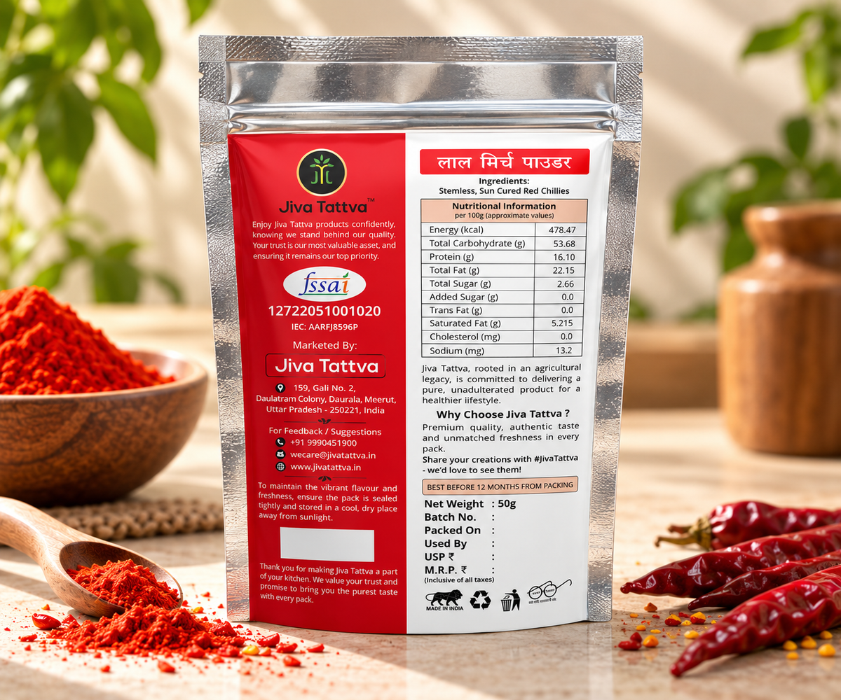 Back view of Jiva Tattva Red Chilli Powder 50g pouch showing ingredients, nutritional information, storage instructions and packaging details