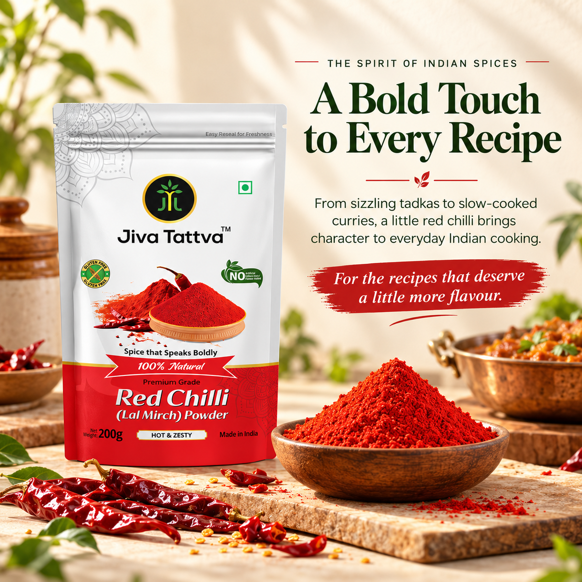 Jiva Tattva Red Chilli Powder premium story image showing bold flavour and rich colour for everyday Indian cooking.