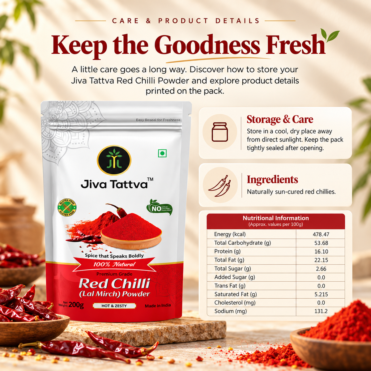 Jiva Tattva Red Chilli Powder care and product details with storage instructions, ingredients and nutritional information.