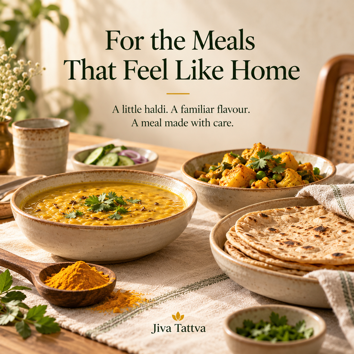 Homestyle meal with golden dal, vegetable sabzi and rotis beside a spoon of turmeric powder