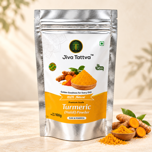 Jiva Tattva Turmeric (Haldi) Powder 100g silver pouch, front view