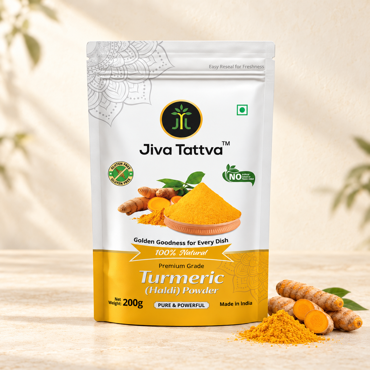 Jiva Tattva Turmeric (Haldi) Powder 200g pouch, front view with turmeric roots