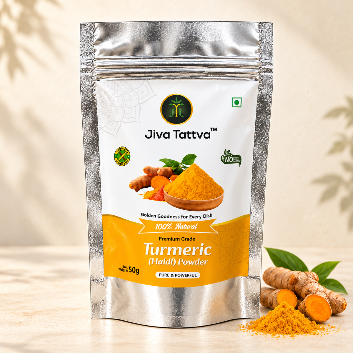 Jiva Tattva Turmeric (Haldi) Powder 50g silver pouch, front view