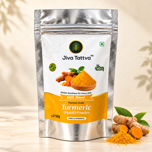Jiva Tattva Turmeric (Haldi) Powder 50g silver pouch, front view