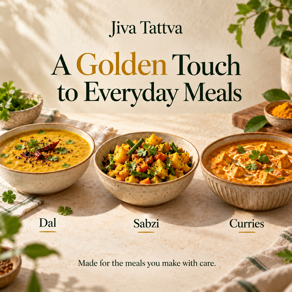 Turmeric cooking ideas showing dal, vegetable sabzi and curry