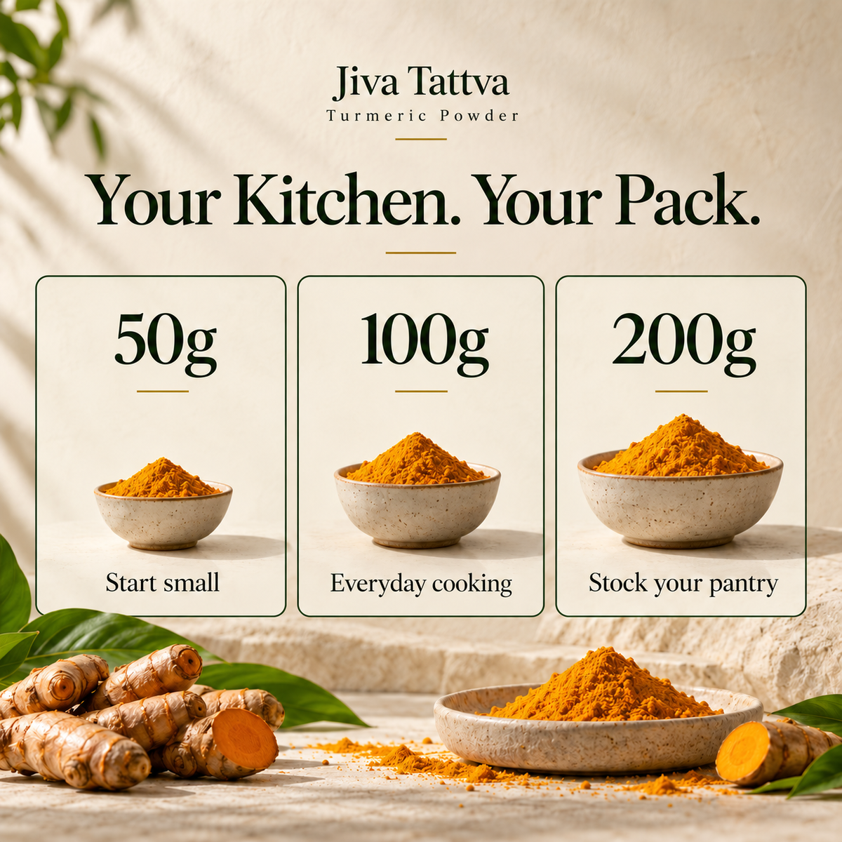 Jiva Tattva Turmeric Powder pack guide: 50g to start small, 100g for everyday cooking and 200g for the pantry
