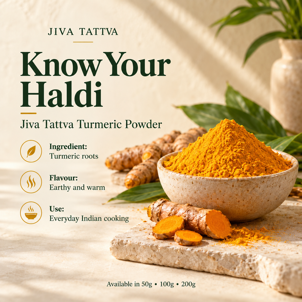 Jiva Tattva Haldi guide: turmeric roots, earthy and warm flavour, and everyday Indian cooking uses