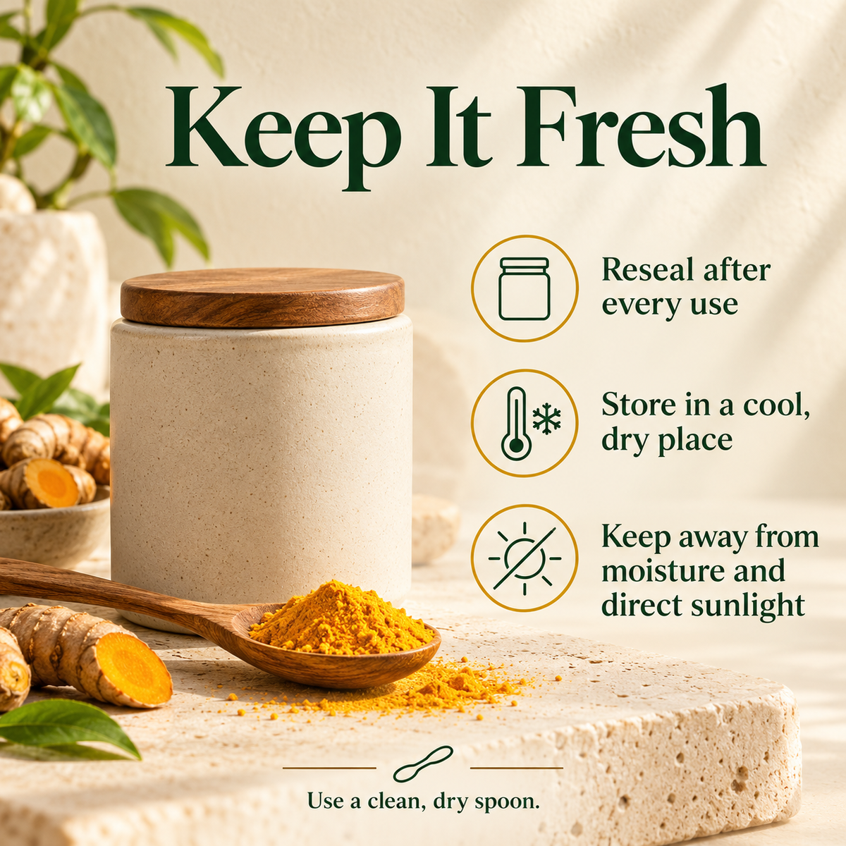 Turmeric storage guide: reseal after use, keep cool and dry, avoid moisture and sunlight, and use a dry spoon