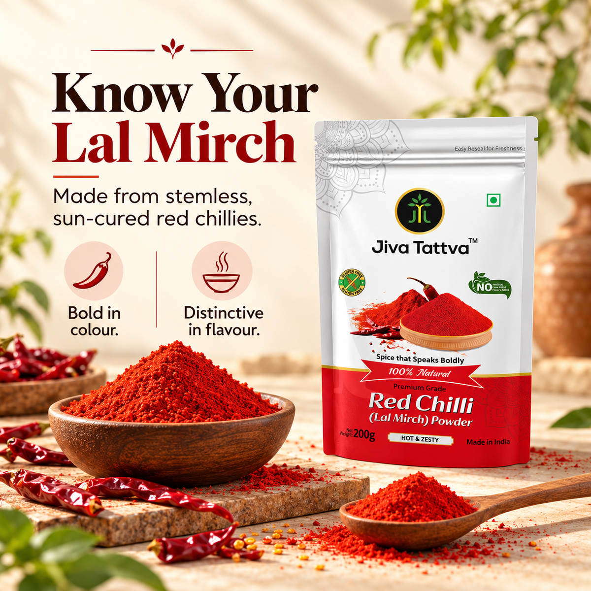 Know Your Lal Mirch graphic featuring Jiva Tattva Red Chilli Powder made from stemless, sun-cured red chillies.